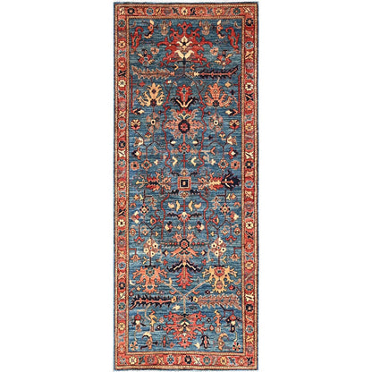 4'2"X9'7" Blue Heris All Over Design Hand Knotted Pure Wool Wide Runner Rug