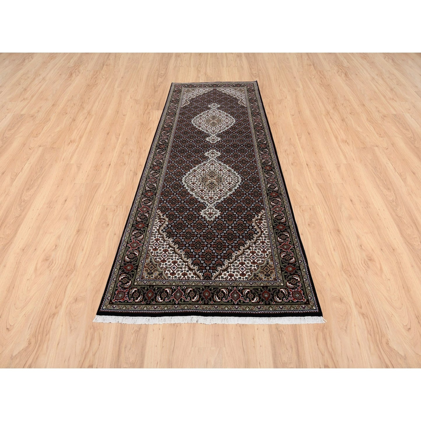 3'10"X10'4" Wool And Silk Black Tebraz Mahi Hand Knotted Wide Runner Rug