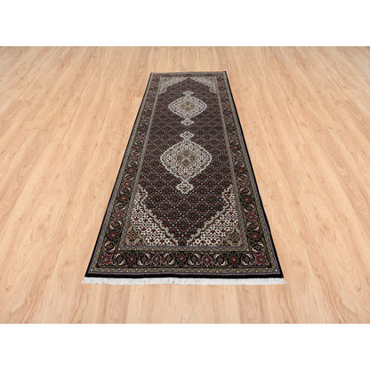 3'10"X10'4" Wool And Silk Black Tebraz Mahi Hand Knotted Wide Runner Rug