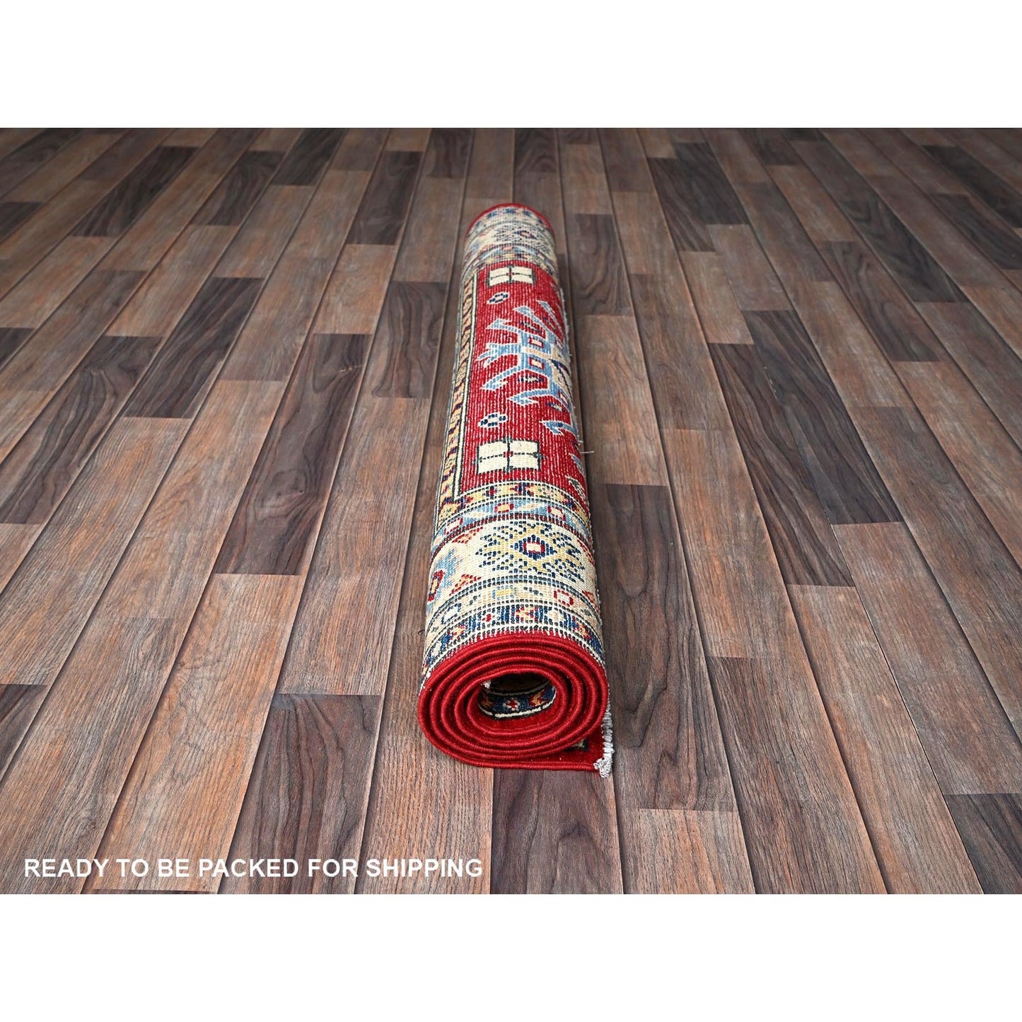 3'5"X5' Berry Red Kazak With Geometric Pattern Hand Knotted Pure Wool Rug