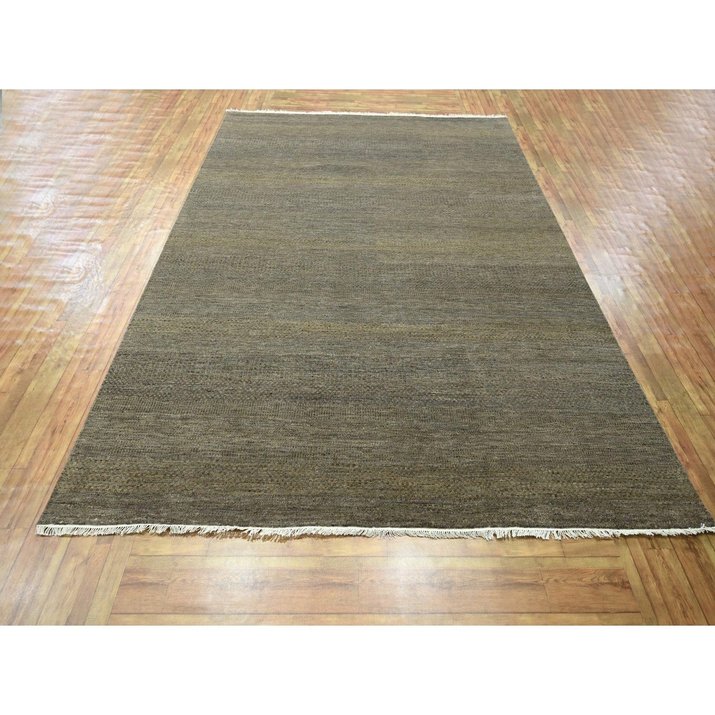 7'10"X10' Honey Brown Modern Grass Design Hand Knotted Wool And Silk Rug