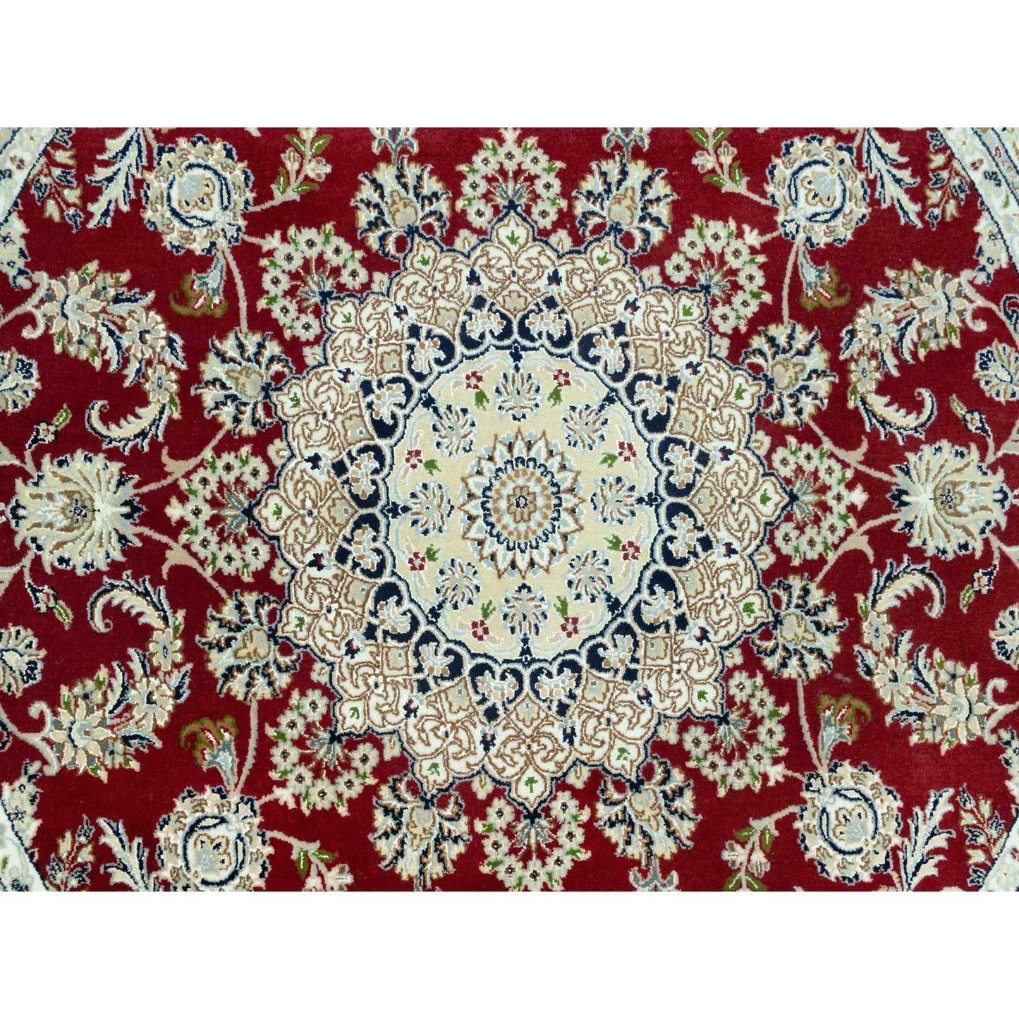 7'X7' Portia Red Hand Knotted Nain 250 Kpsi All Wool Oriental Round Rug