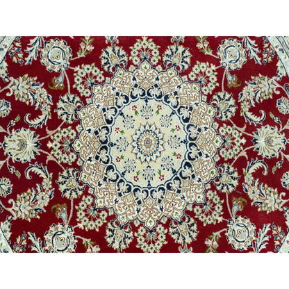 7'X7' Portia Red Hand Knotted Nain 250 Kpsi All Wool Oriental Round Rug