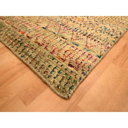 9'X12'3" Brown Sari Silk And Wool Geometric Design Hand Knotted Rug