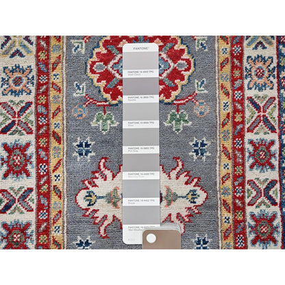 2'X6'6" Gray Kazak With Tribal Design Soft Wool Hand Knotted Runner Rug