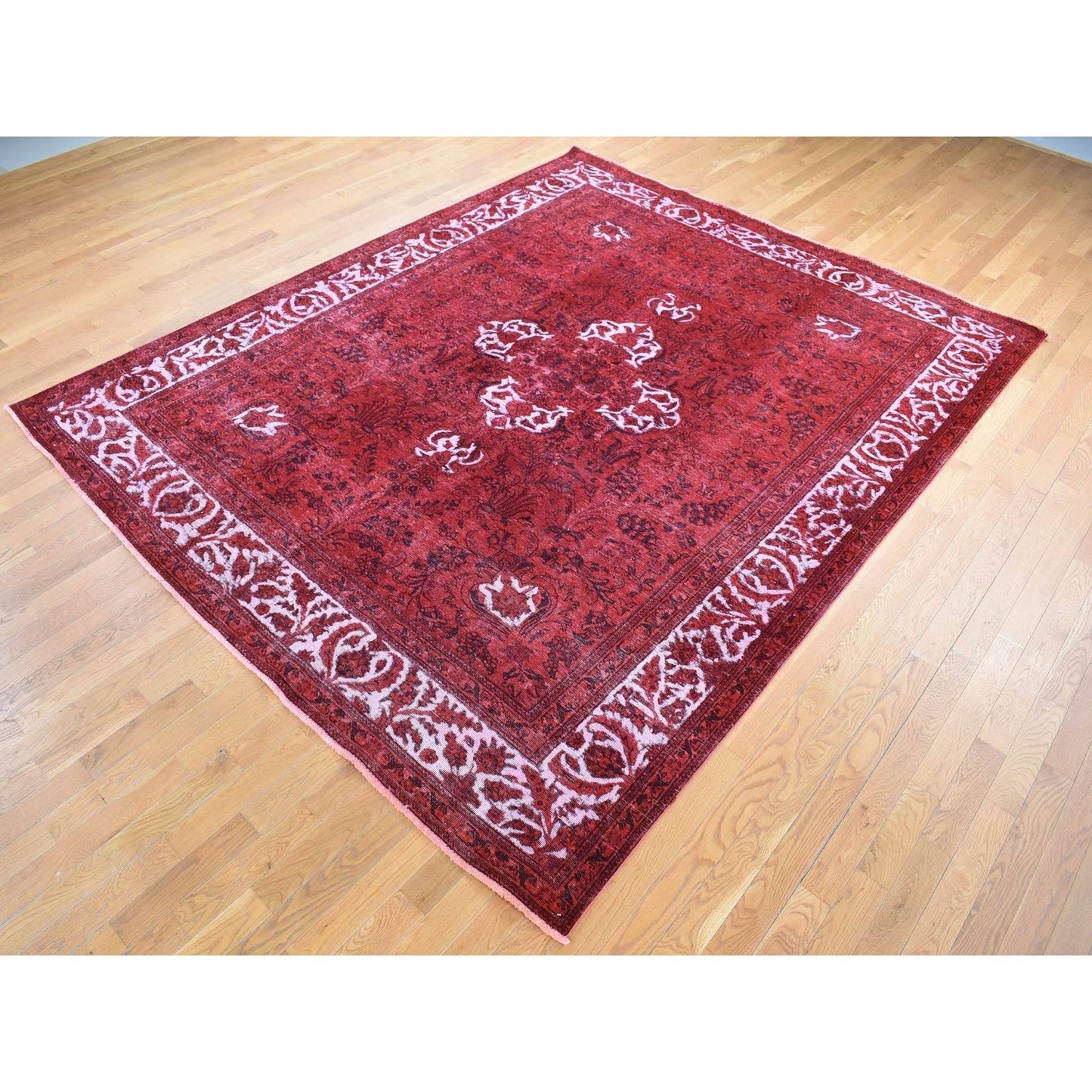 8'7"X10'8" Red Overdyed Pure Wool Zoroastrian Tebraz Hand Knotted Rug