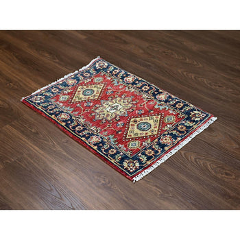 2'X3' Rich Red Karjihooz Geometric Medallions Wool Hand Knotted Mat Rug