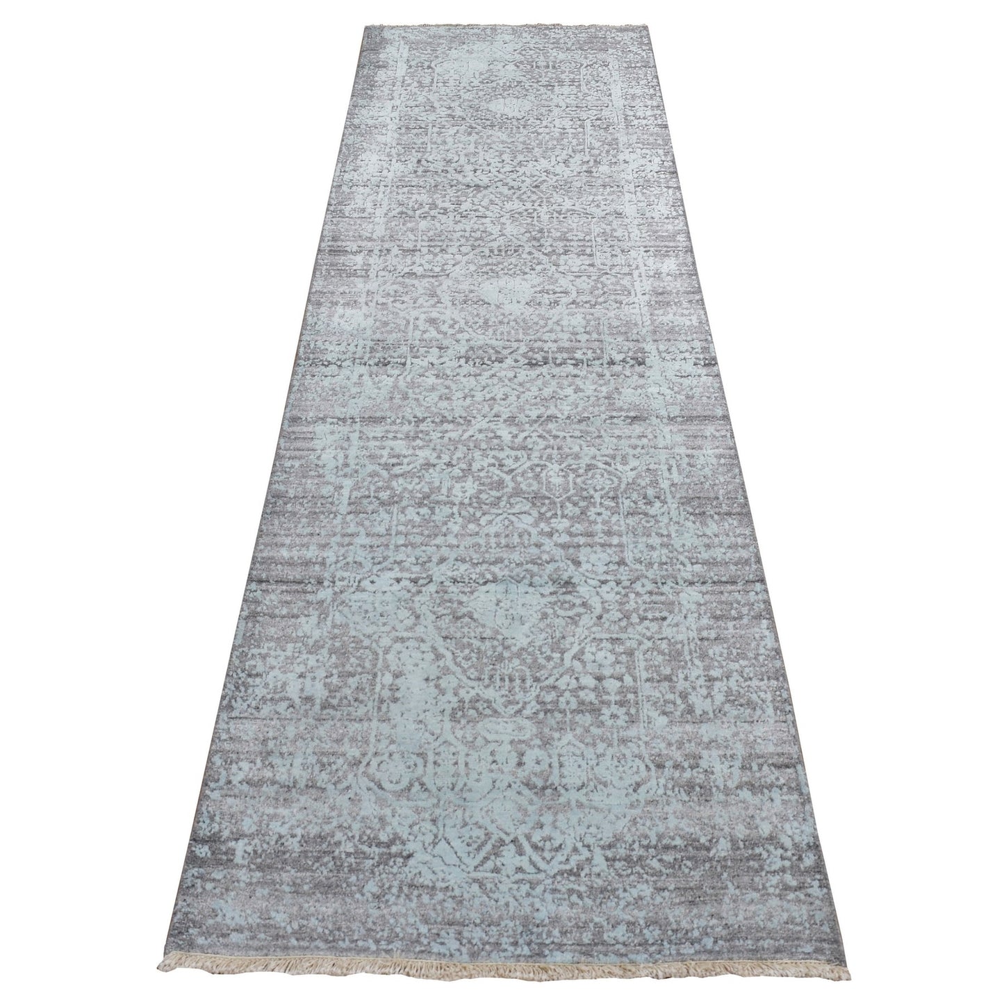 2'7"X9'9" Green Zoroastrian Design Hand Knotted Wool And Silk Runner Rug