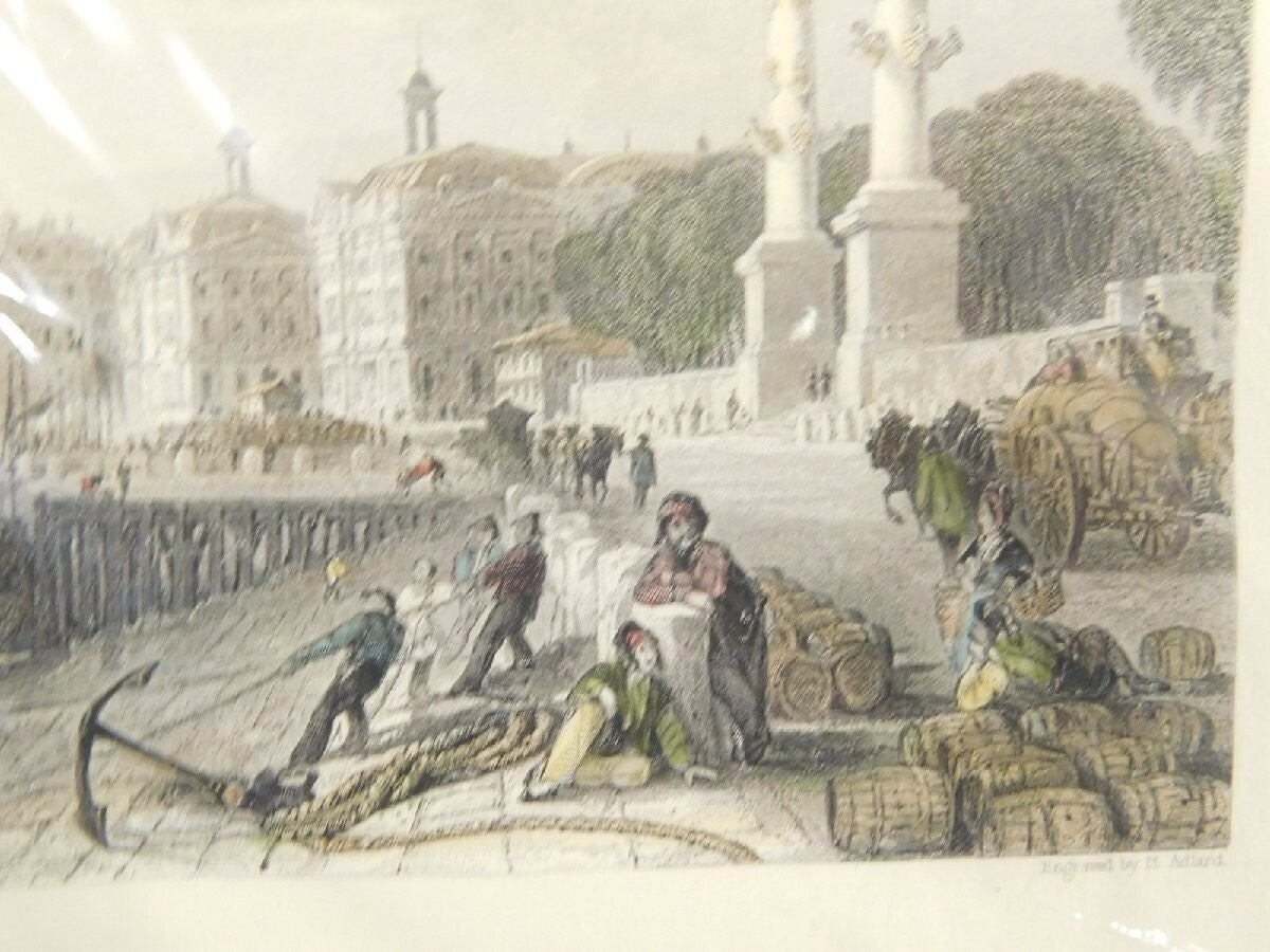 Thomas Allom "Quay Of Louis Xviii, Bordeaux" Hand-Colored Copper Plate Engraving