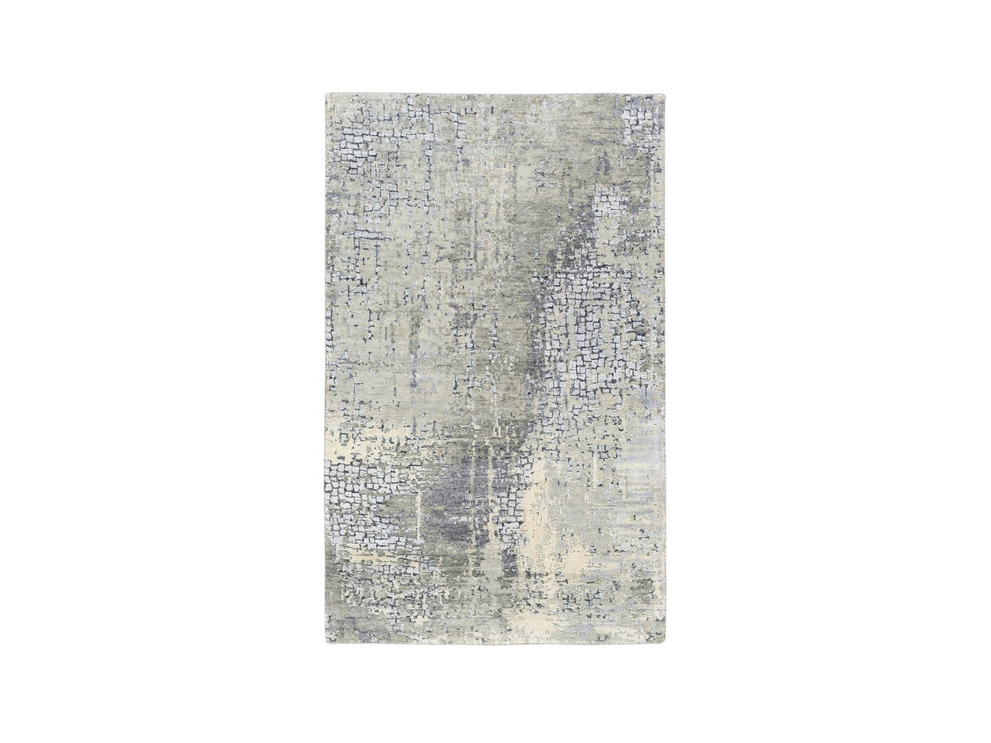 3'X5' Abstract With Mosaic Design Taupe Wool And Silk Handknotted Mat Rug