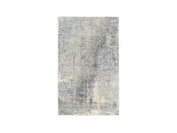 3'X5' Abstract With Mosaic Design Taupe Wool And Silk Handknotted Mat Rug