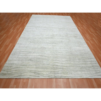 9'X12' Swan White Modern Wavy Design Pure Silk Hand Knotted Oriental Rug