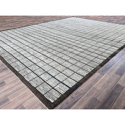10'5"X13'8" White Moroccan Weave With Box Design All Wool Hand Knotted Rug