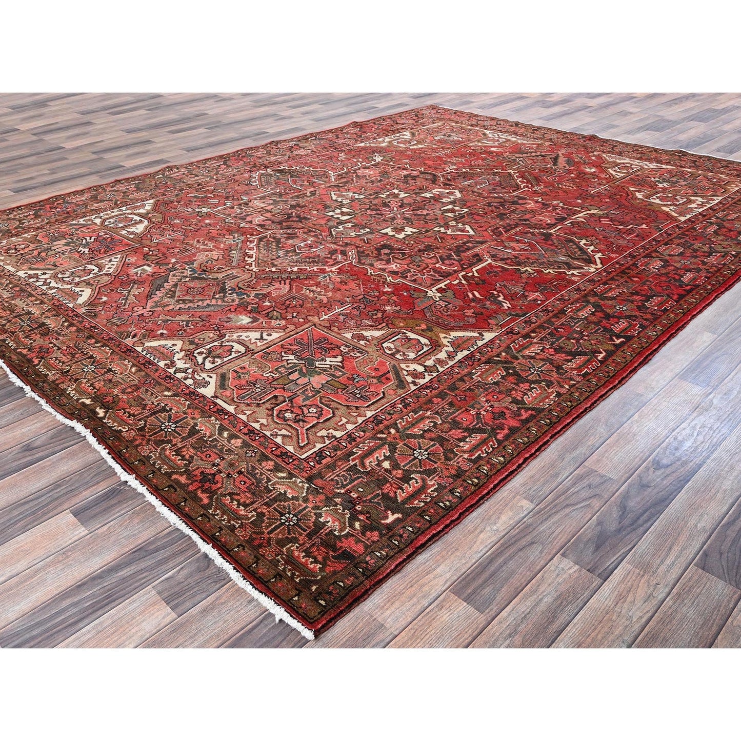 8'6'X11'4" Cherry Red Vintage Zoroastrian Heris Pure Wool Hand Knotted Rug