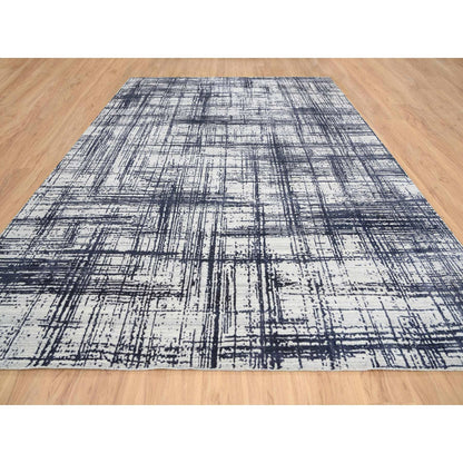 10'X13'9" Black Modern Erased Lines Design Wool And Silk Hand Loomed Rug