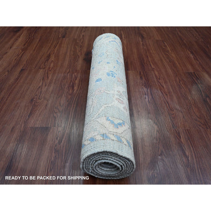 2'9"X9'7" Gray Hand Knotted Angora Oushak Vines Design Wool Runner Rug