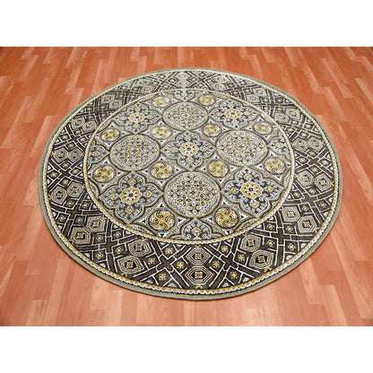 6'2"X6'2" Taupe-Brown Silk Mughal Inspired Hand Knotted Wool Round Rug