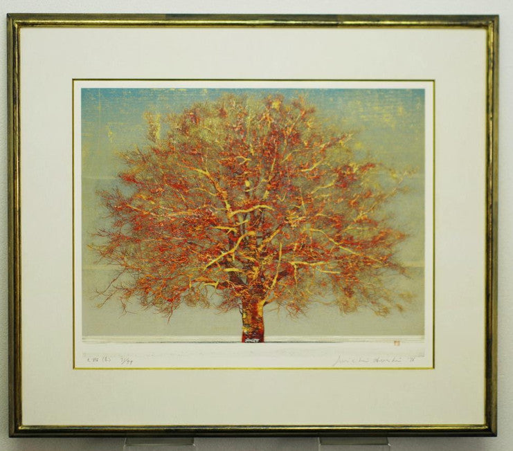 Joichi Hoshi Large Tree (Red) Woodblock print 1976 Edition signed ED99