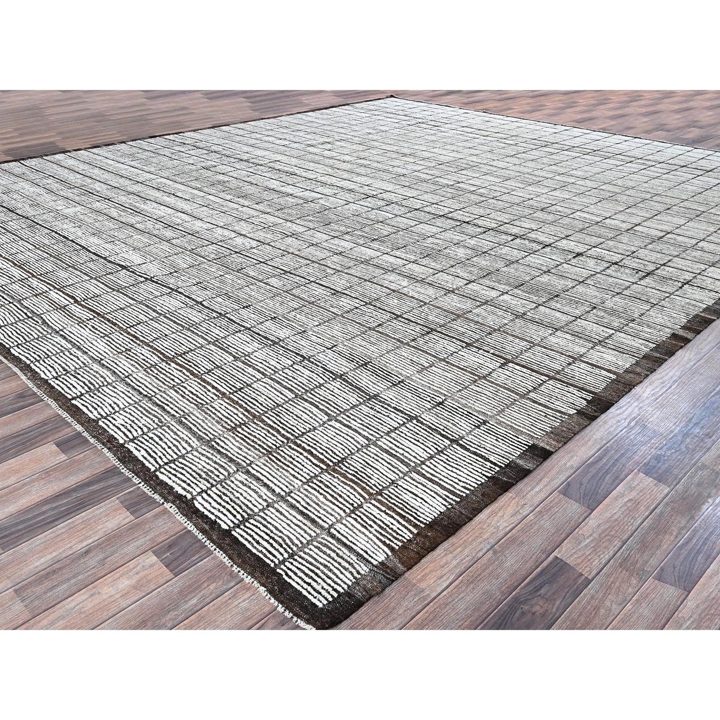 Rug 12'6"x15' White Moroccan Weave with Box Design Wool Hand Knotted XL