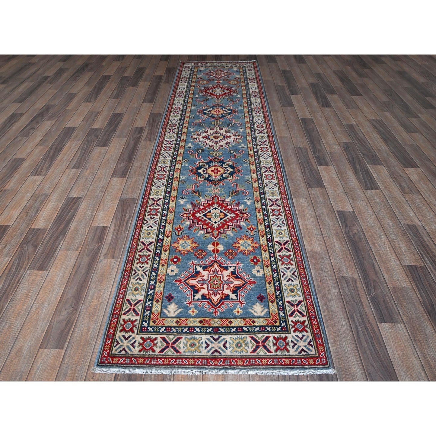2'7"X9'9" Blue Kazak With Tribal Design Soft Wool Hand Knotted Runner Rug