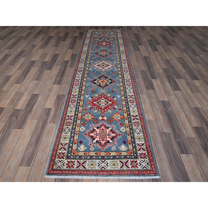 2'7"X9'9" Blue Kazak With Tribal Design Soft Wool Hand Knotted Runner Rug