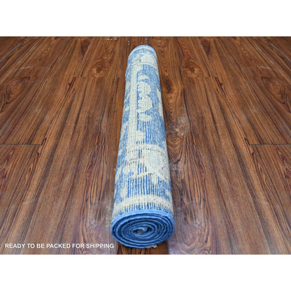 2'7"X7'10" Luxe Blue Afghan Angora Oushak Hand Knotted Wool Runner Rug
