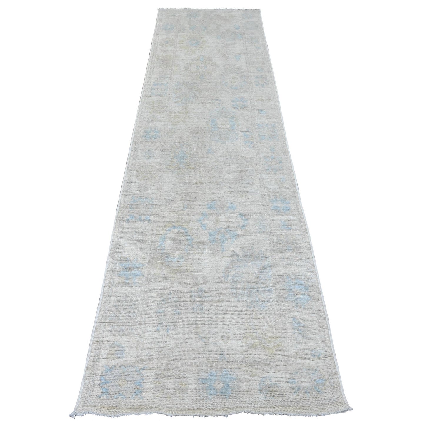 2'7"X9'10" White Angora Oushak Leaf Design Hand Knotted Wool Runner Rug