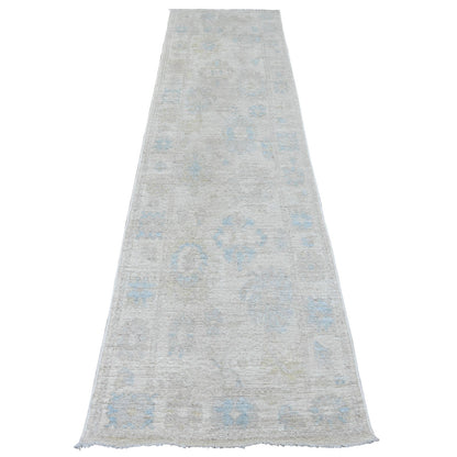 2'7"X9'10" White Angora Oushak Leaf Design Hand Knotted Wool Runner Rug