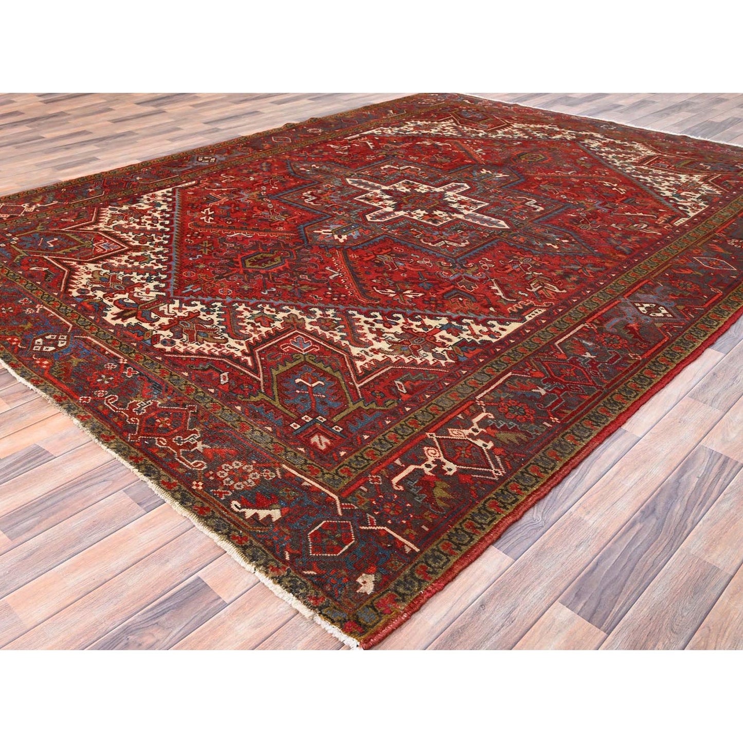 8'4"X10'10" Red Pure Wool Hand Knotted Vintage Zoroastrian Heris Rug