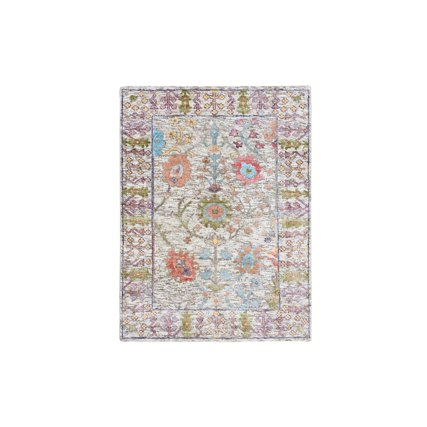 2'3"X3'2" Beige Silk With Textured Wool Hand Knotted Oriental Mat Rug