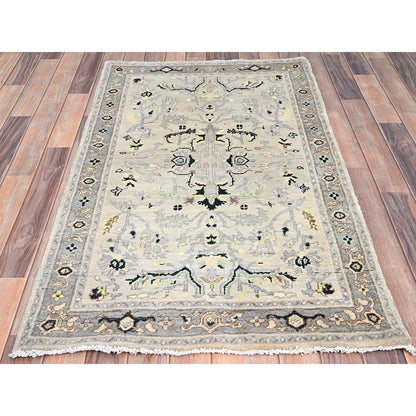 3'1"X4'10" Marian Blue Seeripe Heris Design Natural Wool Hand Knotted Rug
