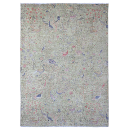 8'10"X12'3" Green Afghan Peshawar Birds Design Hand Knotted Soft Wool Rug