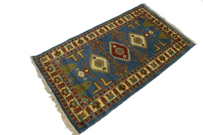 Kazak Oriental Rug Blue Geometric Tribal Style