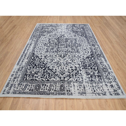 8'X10' Black Wool And Silk Hand Loomed Erased Serapi Heris Design Rug