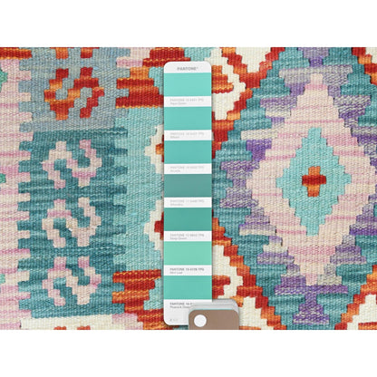 2'8"X15'5" Colorful Afghan Kilim Geometric Hand Woven Pure Wool Runner