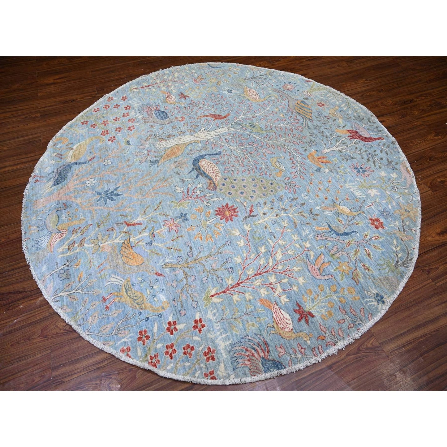 8'3"X8'3" Blue Afghan Peshawar Organic Wool Hand Knotted Round Rug