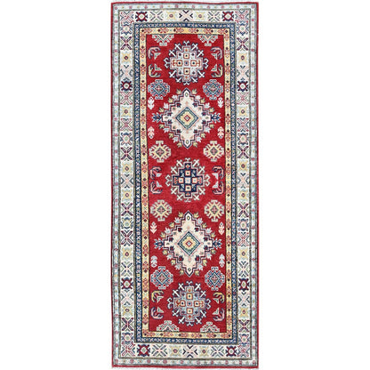 2'7"X6'7" Red Kazak With Geometric Design Soft Wool Hand Knotted Runner Rug
