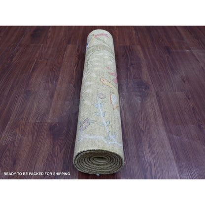 2'6"X7'8" Green Soft Wool Rug Birds Of Paradise Design Hand Knotted Runner