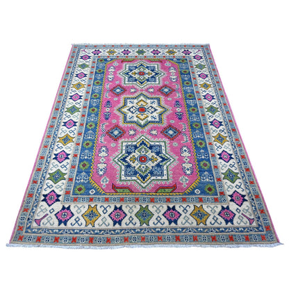 5'X6'9" Thulian Pink Colorful And Vibrant Fusion Kazak Oriental Rug