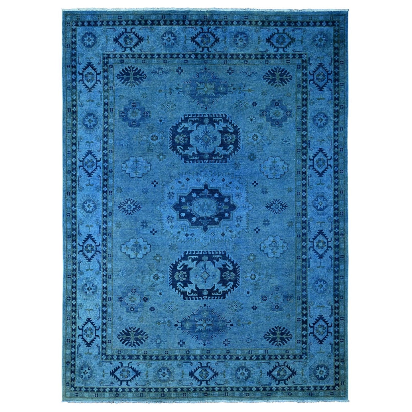 Rug 8'8"x11'9" Blue Hand Knotted Overdyed Kazak Geometric Design All Wool