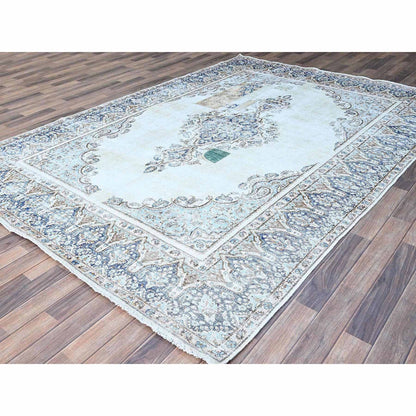 7'2"X10'1" Blue Vintage Zoroastrian Karman Worn Down Wool Hand Knotted Rug