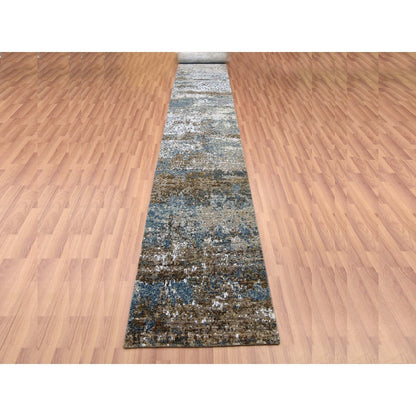 2'6"X20'3" Gray Hand Knotted Abstract Design Pure Wool Xl Runner Rug