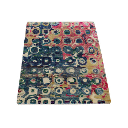 2'X3'2" The Peacock, Sari Silk, Colorful, Hand Knotted, Mat, Oriental Rug