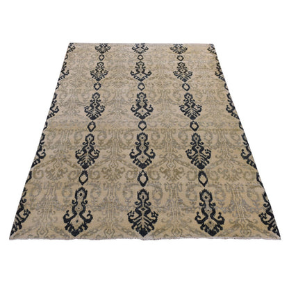 5'10"X8'7" Brown Tone On Tone Ikat Design Pure Wool Hand Knotted Rug