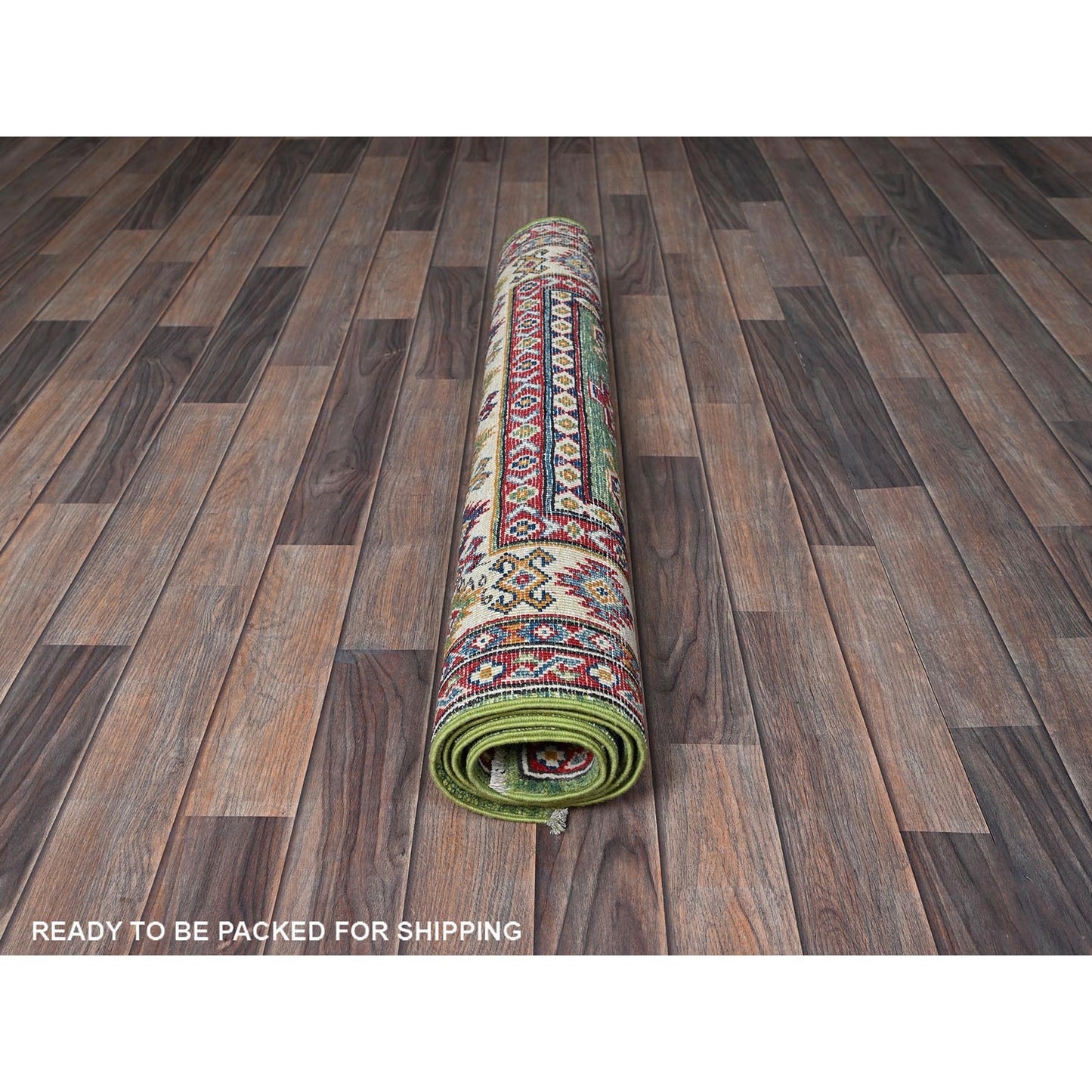 3'4"X5' Swamp Green Kazak With Geometric Design Hand Knotted Pure Wool Rug