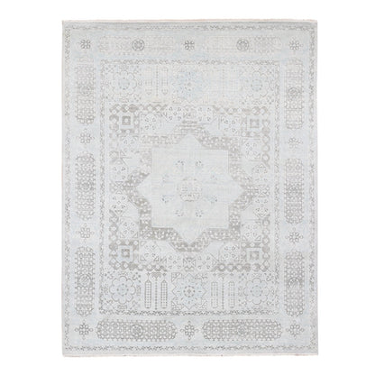 8'1"X10'5" Light Green Hand-Knotted Mamluk Design Pure Silk With Wool Rug