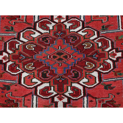 10'1"X12'7" Red Vintage Zoroastrian Heris Hand Knotted Wool Shaved Low Rug