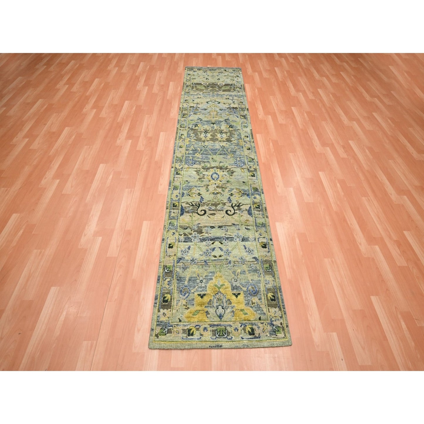 2'7"X10'6" Green Erased Birds Design Hand Knotted Pure Wool Runner Rug