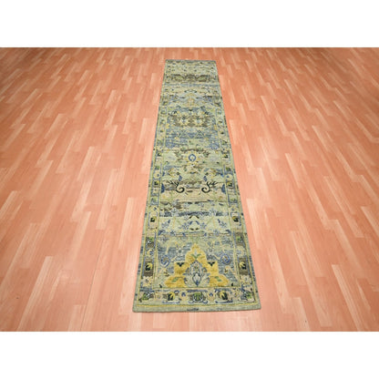 2'7"X10'6" Green Erased Birds Design Hand Knotted Pure Wool Runner Rug