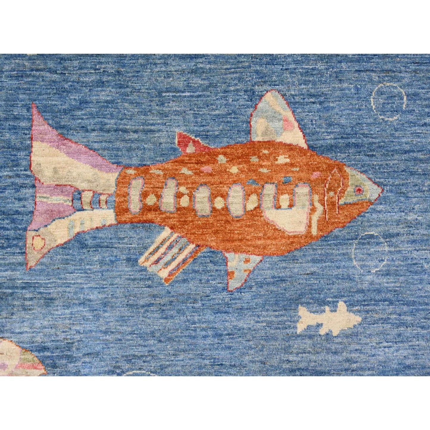 9'x11'9" Blue Afghan Peshawar with Fish Design Soft Wool Hand Knotted Rug